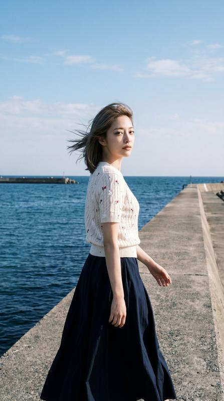 Seaside Breakwater Windblown Hair Deep Blue Summer Memory Portrait