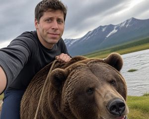 Selfie of Sam Altman riding a bear