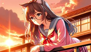 Cat-Eared Schoolgirl on Rooftop