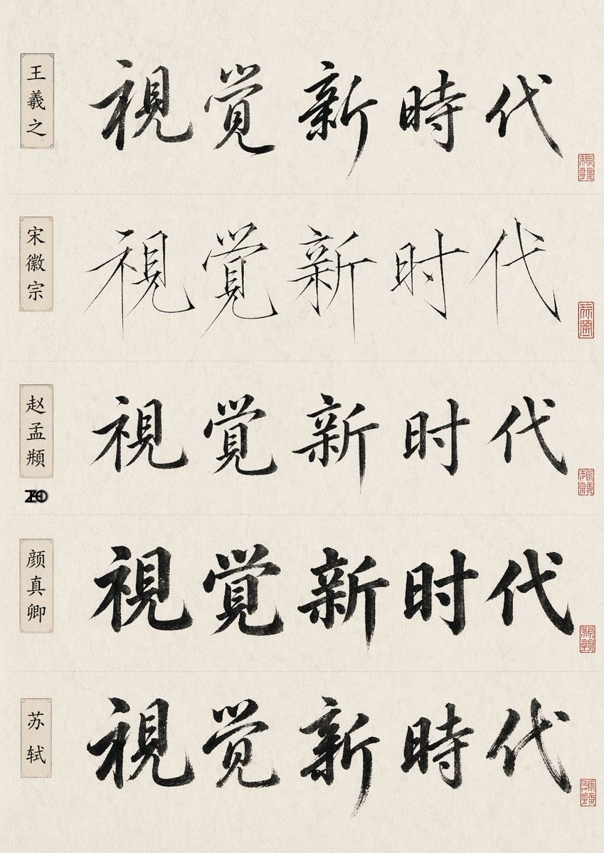 Chinese Calligraphy Style Comparison Sheet