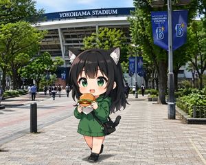 横滨体育场前的 Q 版猫娘