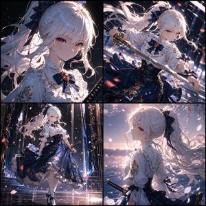 Elegant Anime Swordswoman 4-Panel Character Sheet