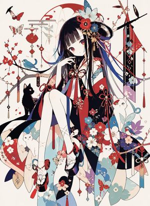和风装饰感和服少女与猫