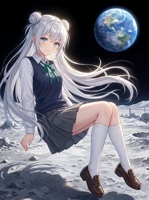 漂浮在月球上的动漫女学生