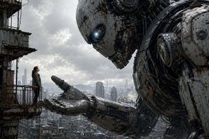 Colossal Robot and Woman on Balcony