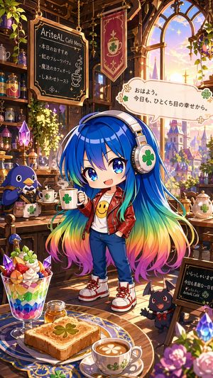 奇幻咖啡馆中的彩虹发色 Q 版少女