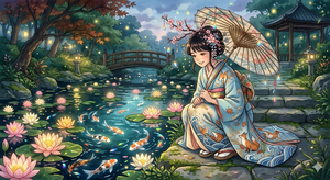 锦鲤池畔的梦幻和服女子