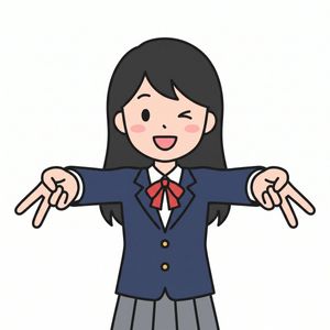 可爱的眨眼女学生比耶手势