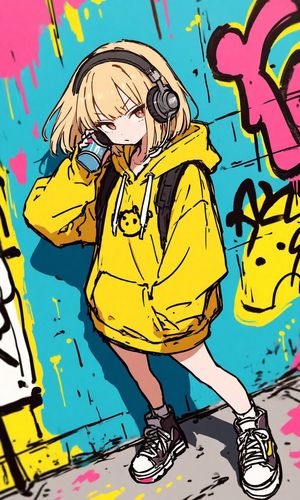 身穿黄色连帽衫的动漫涂鸦少女