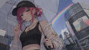 撑伞彩虹下的动漫少女