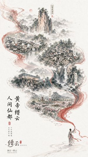 中国水墨风缙云旅游海报