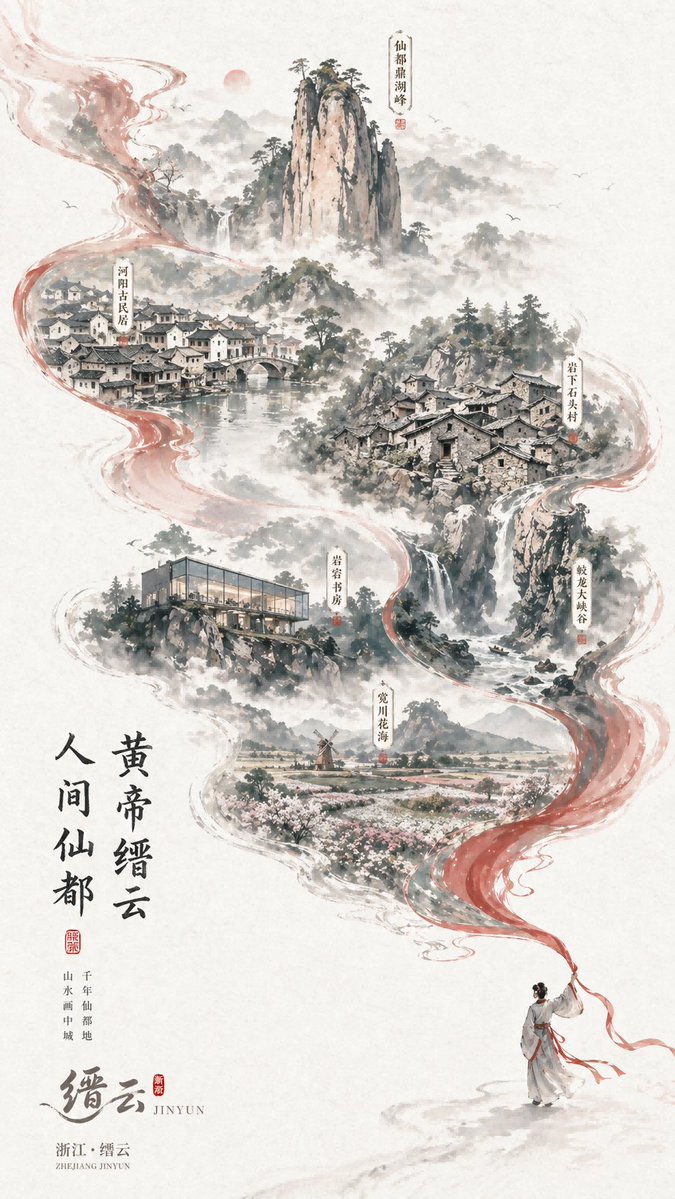 中国水墨风缙云旅游海报
