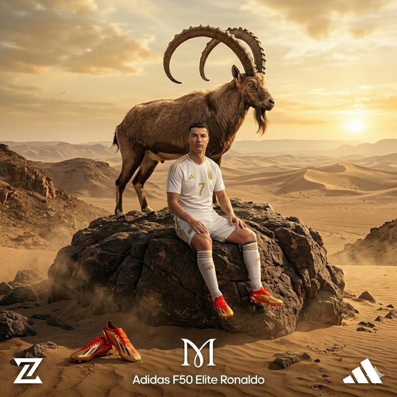 Desert Sunset Footballer × Ibex Ad Composition