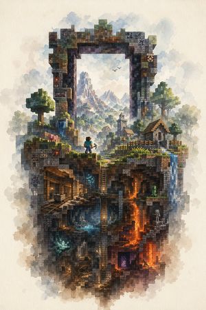 水彩风格 Minecraft 世界横截面