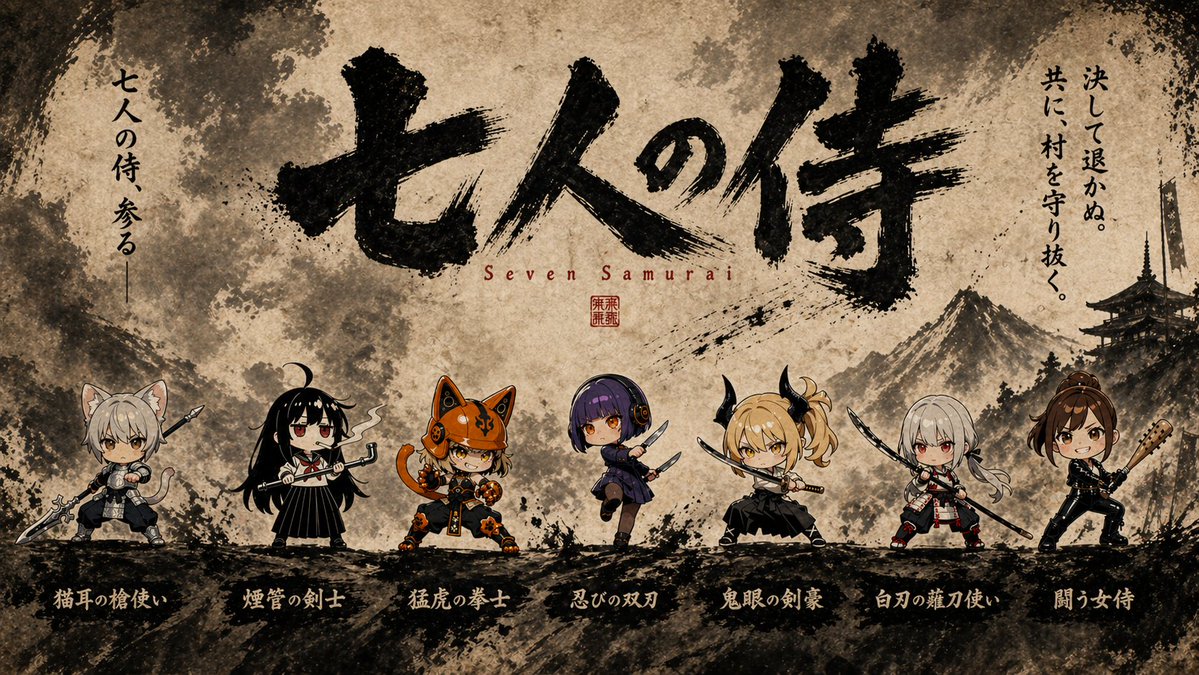 七武士 Q 版水墨海报