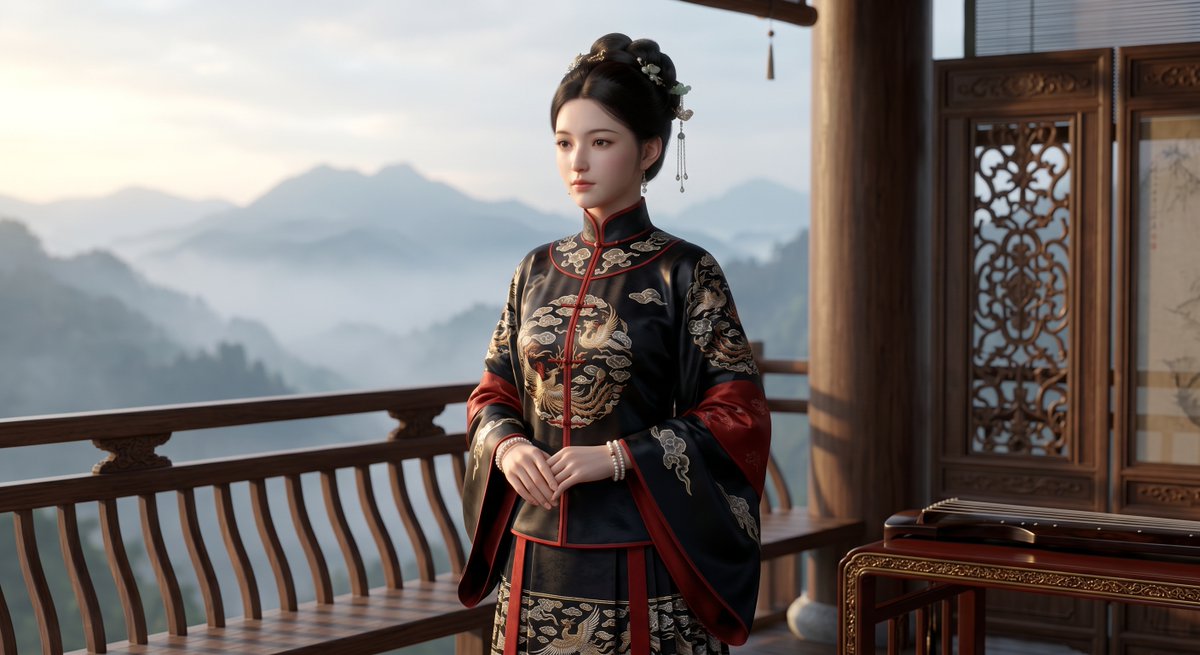 山间露台上的武侠电影感女主角