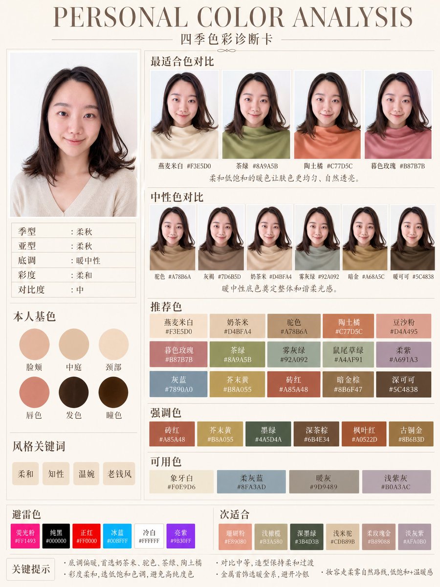 柔秋型个人色彩诊断卡