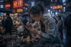 赛博朋克雨夜机器人维修