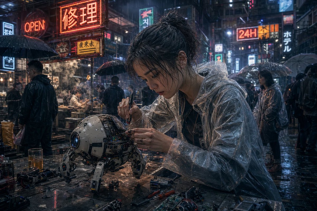 赛博朋克雨夜机器人维修