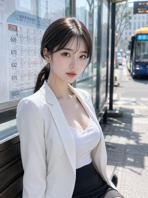 日本公交车站的写实女性肖像