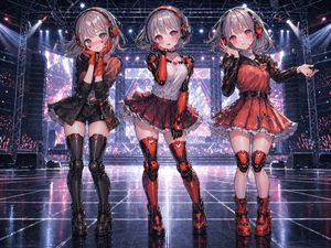 三位 Android 偶像少女在演唱会舞台上
