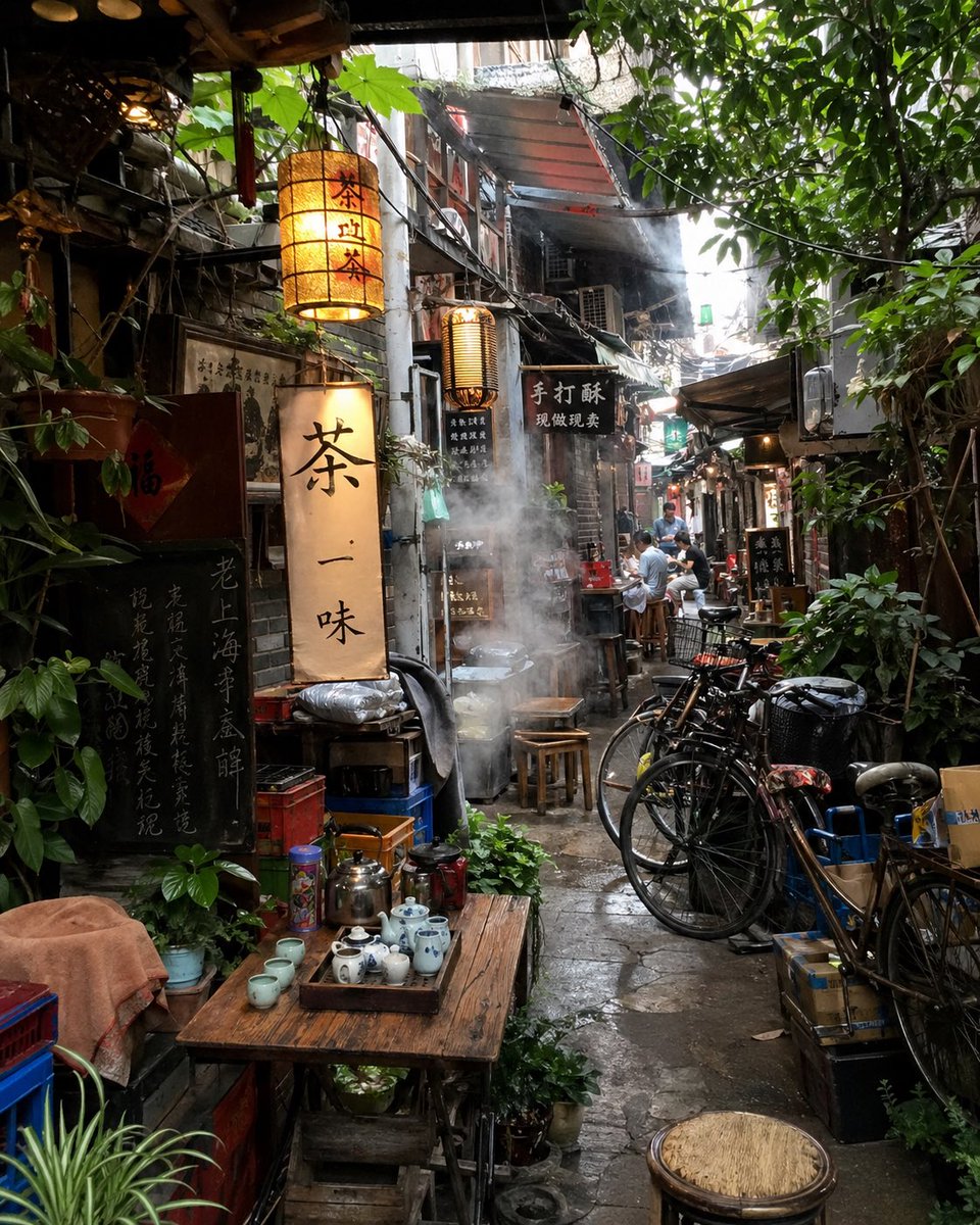 充满氛围感的茶巷街景