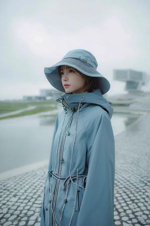 雨中蓝色时尚人像