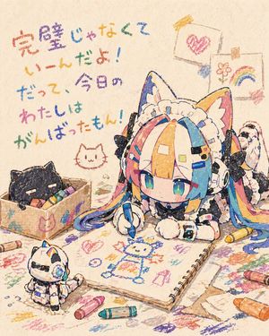 Q 版猫耳女仆蜡笔画场景