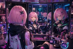 霓虹梳妆镜前的赛博朋克少女