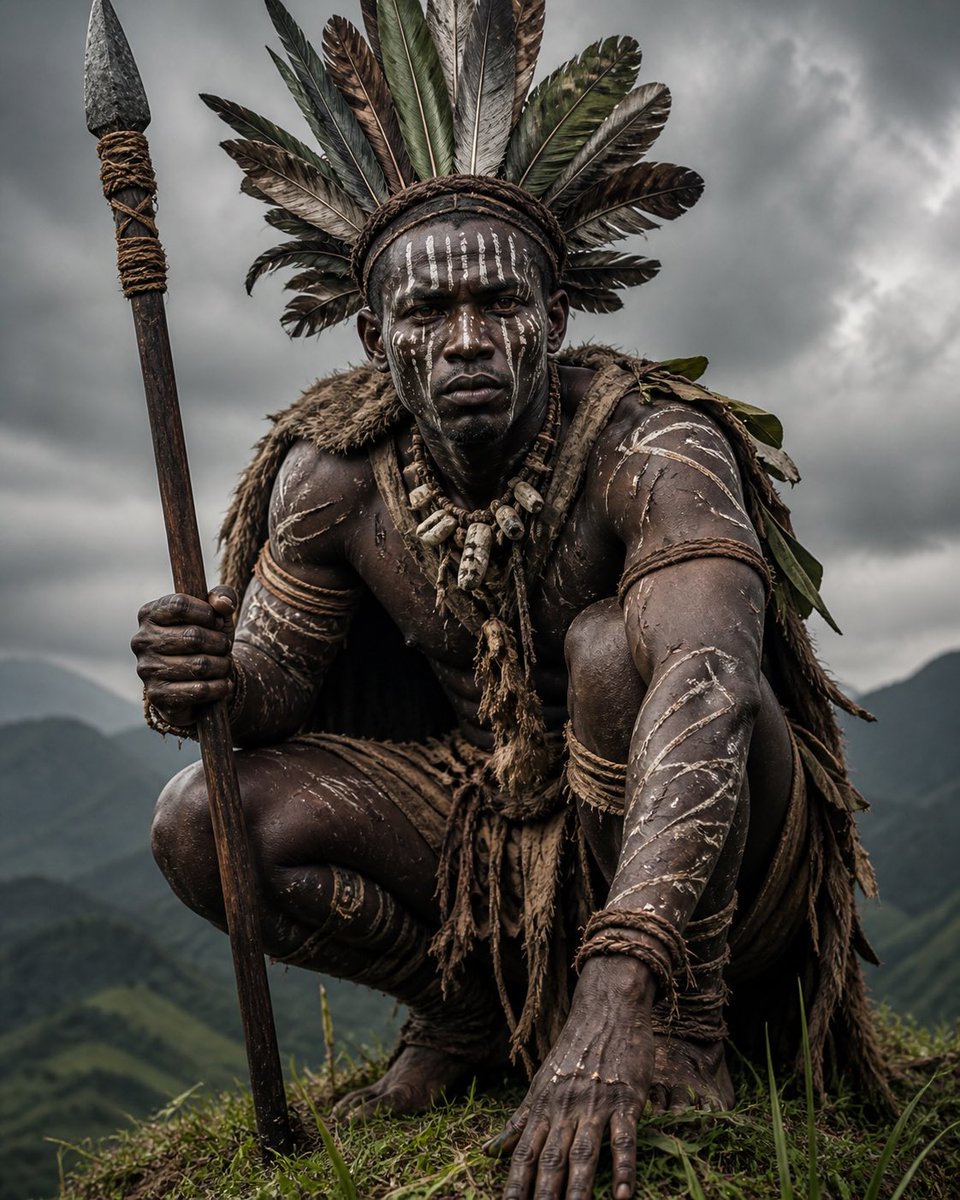 Crouching Tribal Warrior Portrait