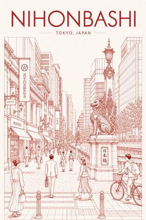 日本桥红色线条旅行海报