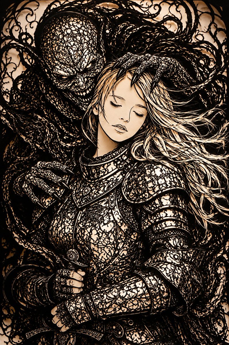 暗黑奇幻剪纸风格:骑士与恶魔