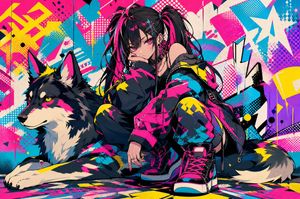霓虹朋克少女与哈士奇