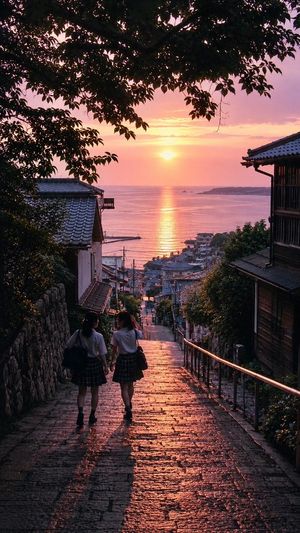 怀旧日本海滨日落