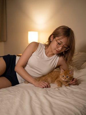 温馨卧室中的女子与橘猫