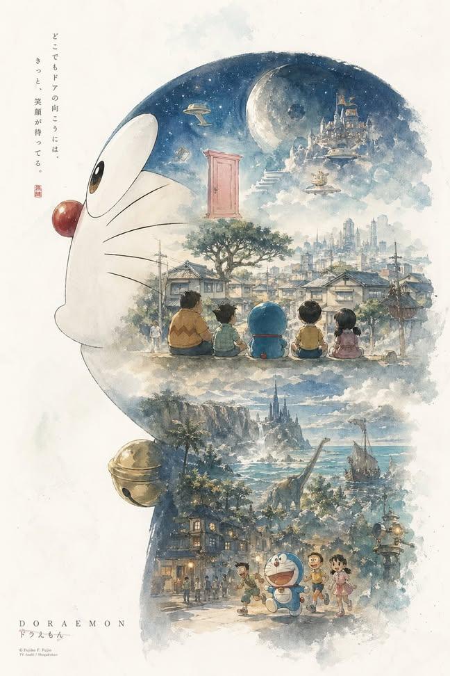 哆啦 A 梦水彩剪影梦境