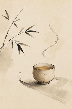 禅意茶杯水墨画