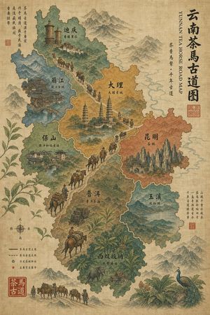 复古云南茶马古道地图