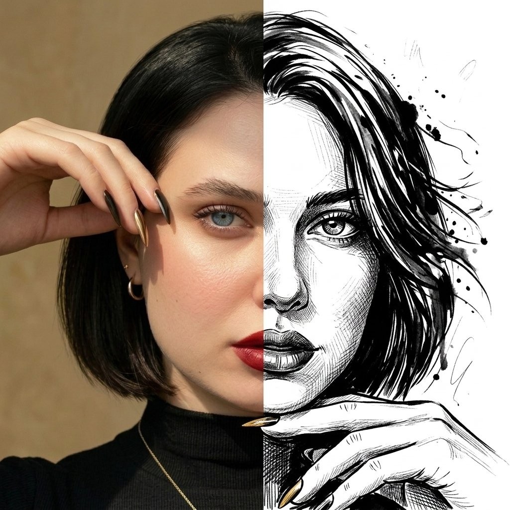 Split-Face Ink Portrait