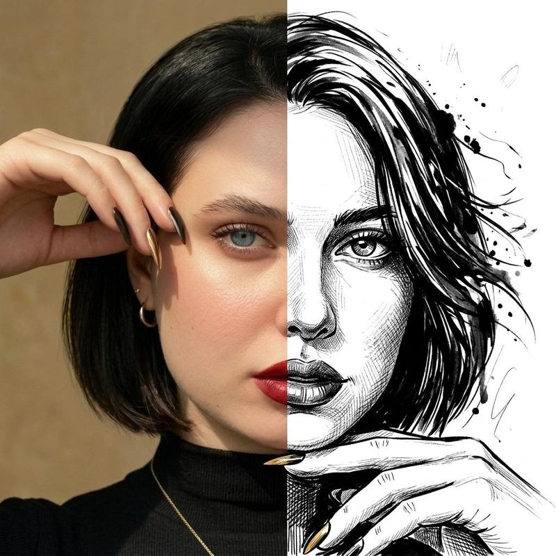 Split-Face Ink Portrait