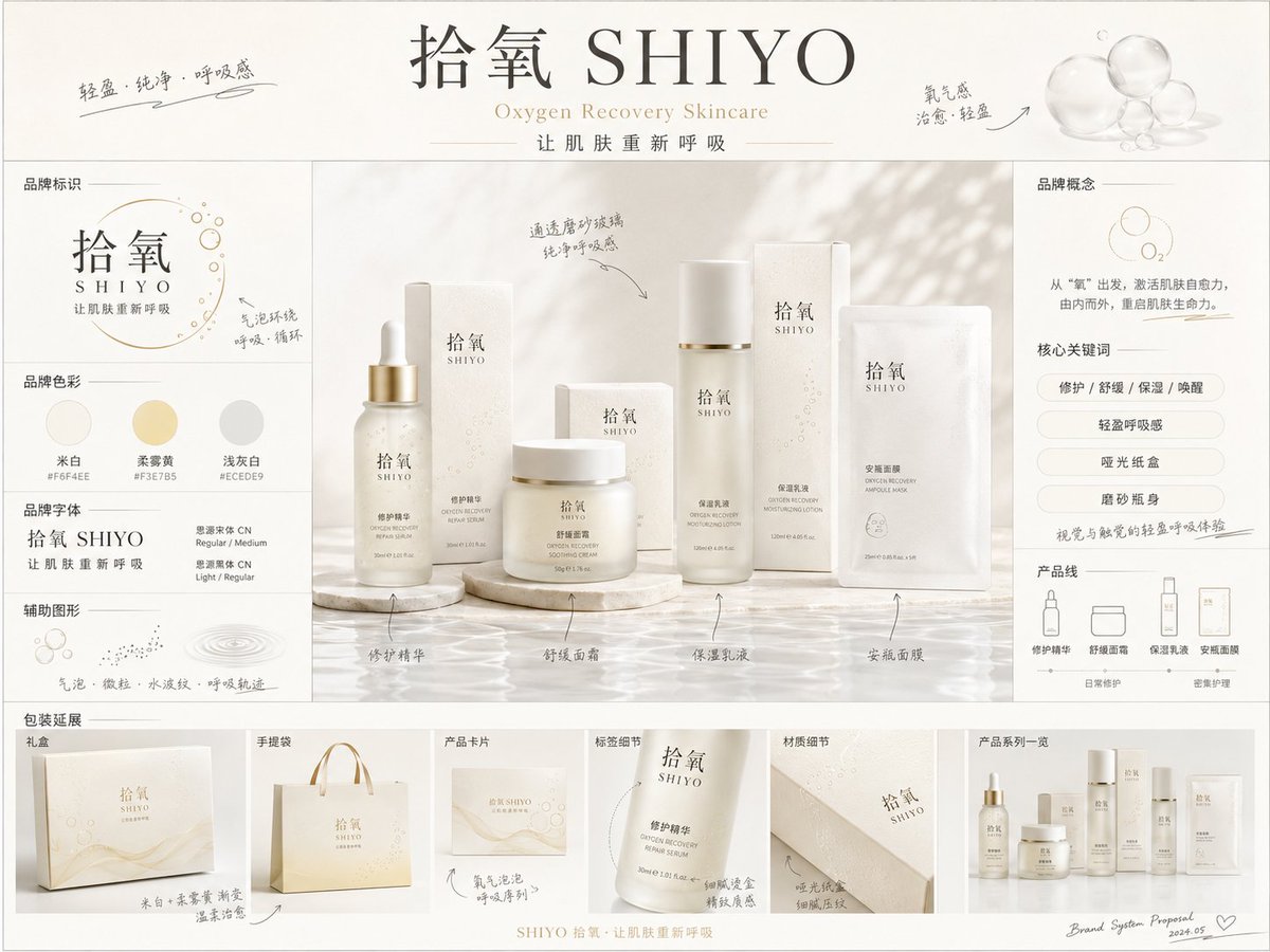 《品牌概念提案板》提示词:
请生成一张【画幅比例】的高完成度「品牌全案概念提案板 / Brand