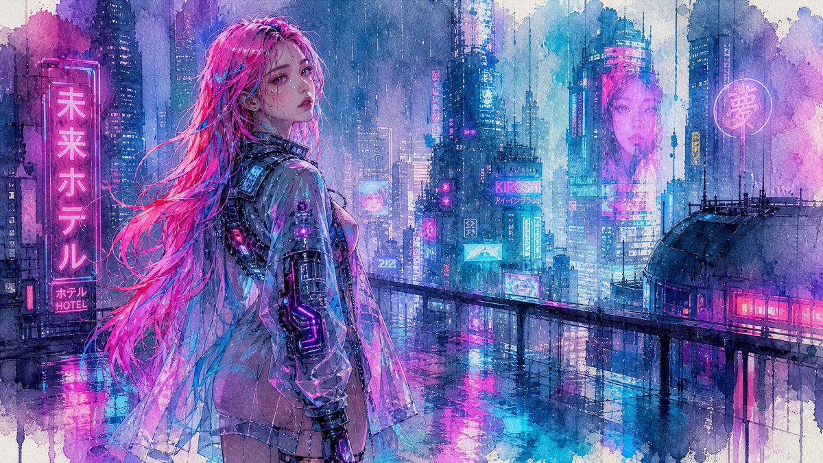 Watercolor Cyberpunk Girl