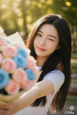 手捧花束俏皮眨眼的女性