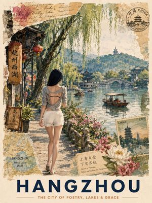 复古杭州旅行明信片