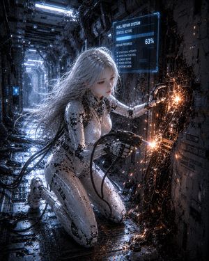 女性仿生人正在修理飞船船体