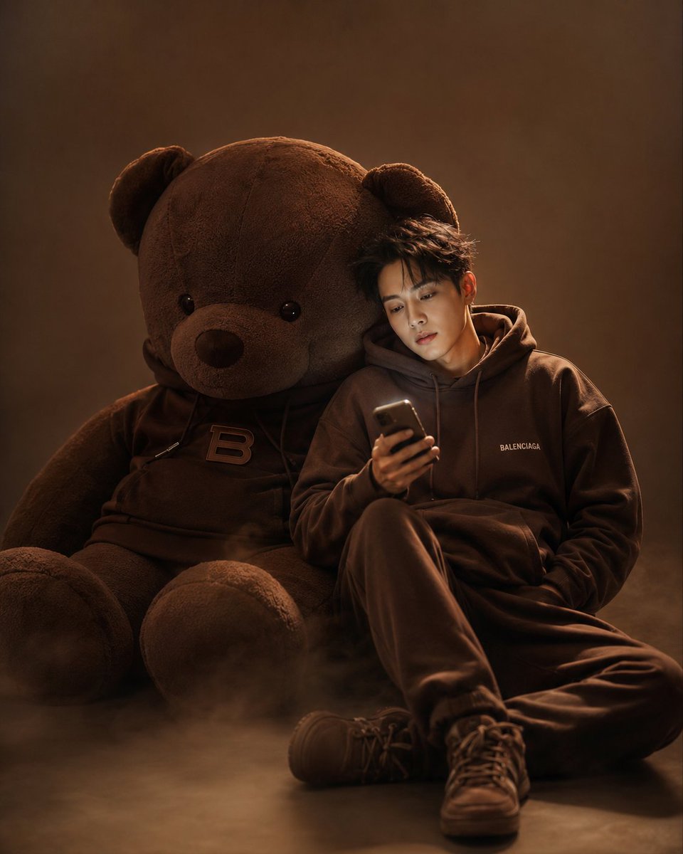 Cinematic Studio Portrait with Giant Teddy Bear