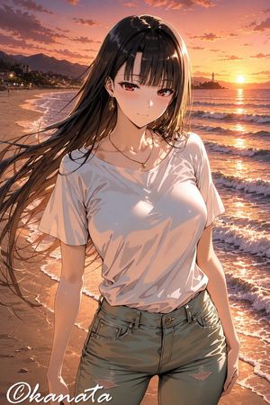 日落海滩的动漫少女