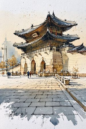 韩国韩屋水彩素描