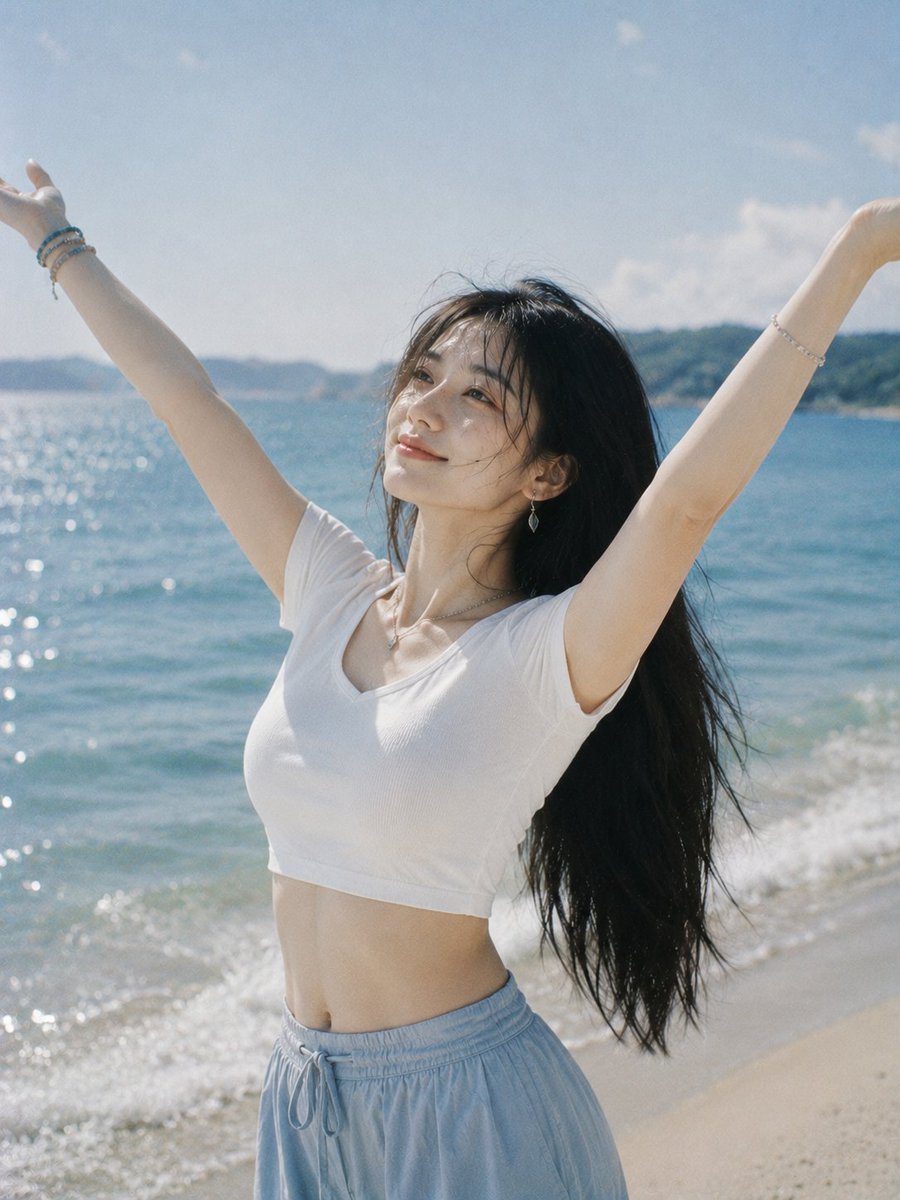 Profile / Avatar - Joyful Woman Raising Arms at Beach