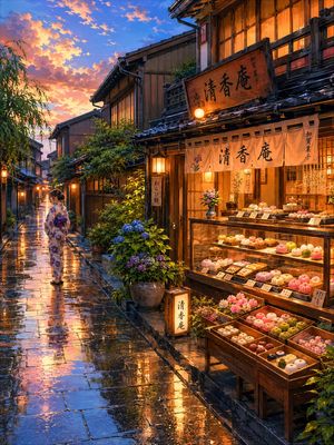 温馨夜晚的日式甜品店